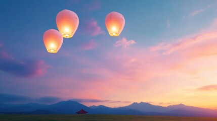 Elevated Cultural Aesthetics Traditional Floating Lanterns at Twilight Over Temple Rooflines - Heritage Event Content and Experiential Marketing in Cultural Tourism