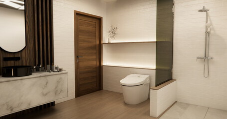 White Toilet and decoartion on modern zen toilet room japan style .3D rendering
