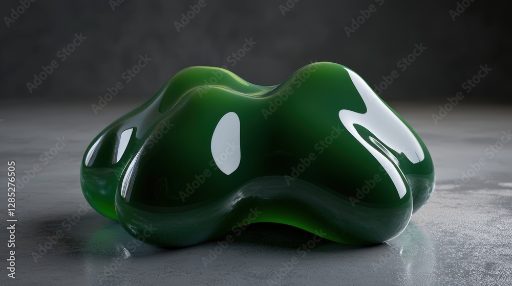 Poster glossy green abstract shape resting on a textured surface, illuminated by soft ambient light