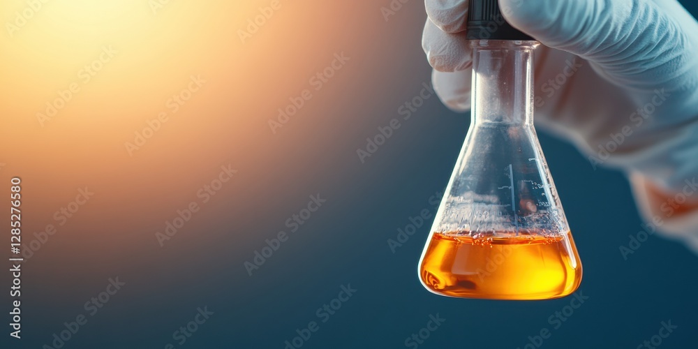 Aufkleber futuristic biomedical visualization sterile laboratory beaker with golden liquid in gloved hand - ad