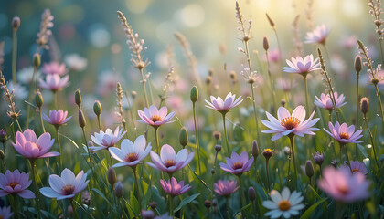 Behold ethereal allure of grass flowers, as their delicate hues and elegant shapes dance amidst verdant of meadow