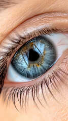 Close-up of a blue eye, detailed iris, eyelashes, healthcare