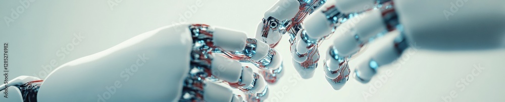 Leinwandbilder Futuristic Tech Aesthetics AI Robotic and Human Hand Connection in Space - Mechanical Components and Circuits for Business Innovation and Digital Collaboration