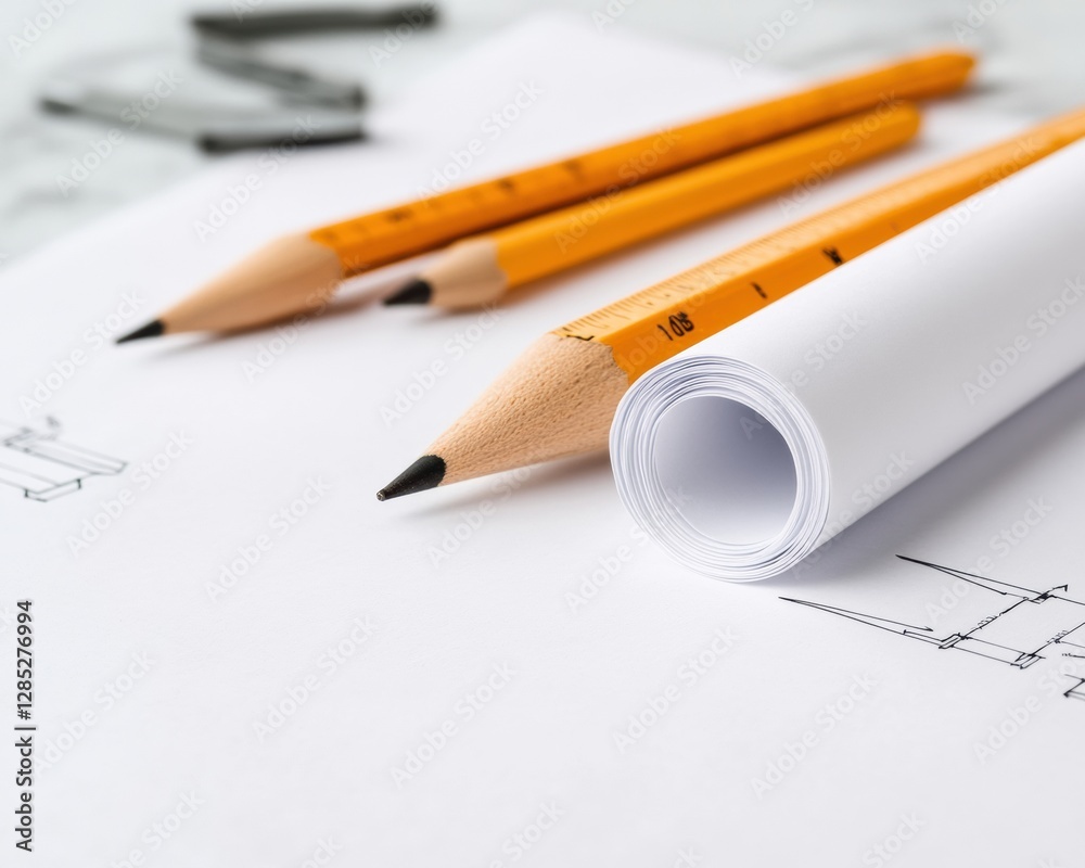 Fototapete rolls of architectural blueprint paper with precision pencil sketches on clean white surface - urban