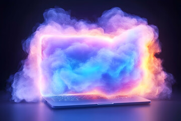 Cloud computing laptop glowing dark background