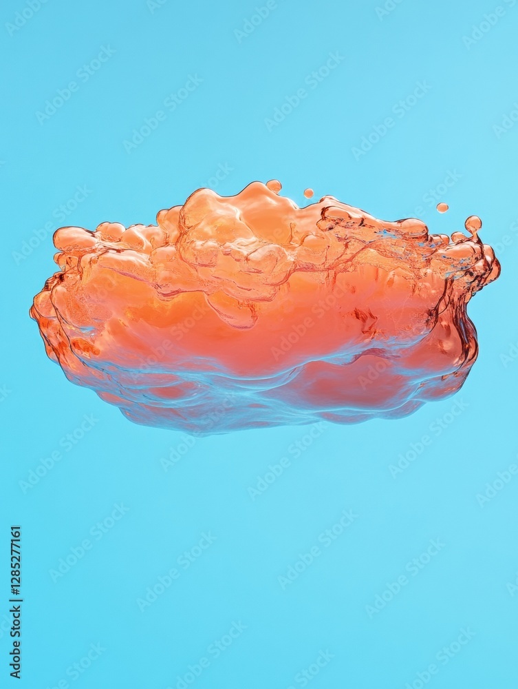 Poster Fluid Dynamics Digital Art Vivid Coral Liquid Form on Blue Backdrop - Modern Graphic Design for Tech Visuals and Dynamic Branding Concepts