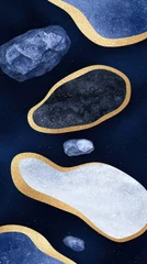 Fotobehang Abstract artistic composition with geometric shapes, rocks, and sparkling gold accents on a dark background © xbzz