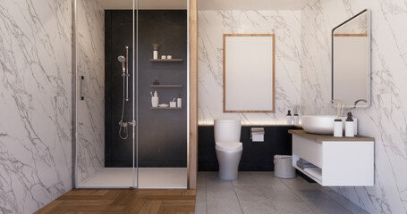 black and white brick scene bathroom with shower and Toilet and decoration on modern toilet room style .3D rendering