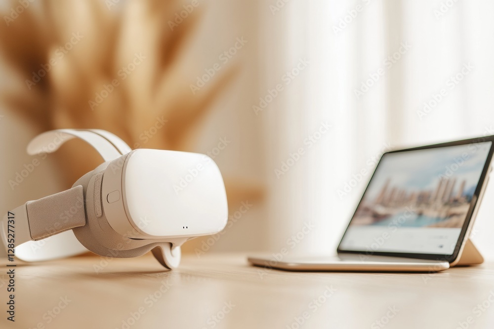 Poster Minimalist Tech Hub Sleek VR Headset and Digital Tablet with Travel Booking Interface on Wooden Surface - Modern Business Innovation and Digital Experience Design