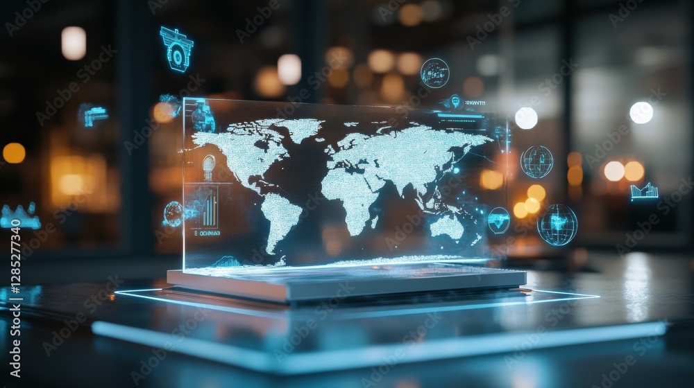 Poster Futuristic Digital World Map Display Transparent Podium with Floating Travel Icons - Tech-Driven Travel Content and Business Innovation Applications