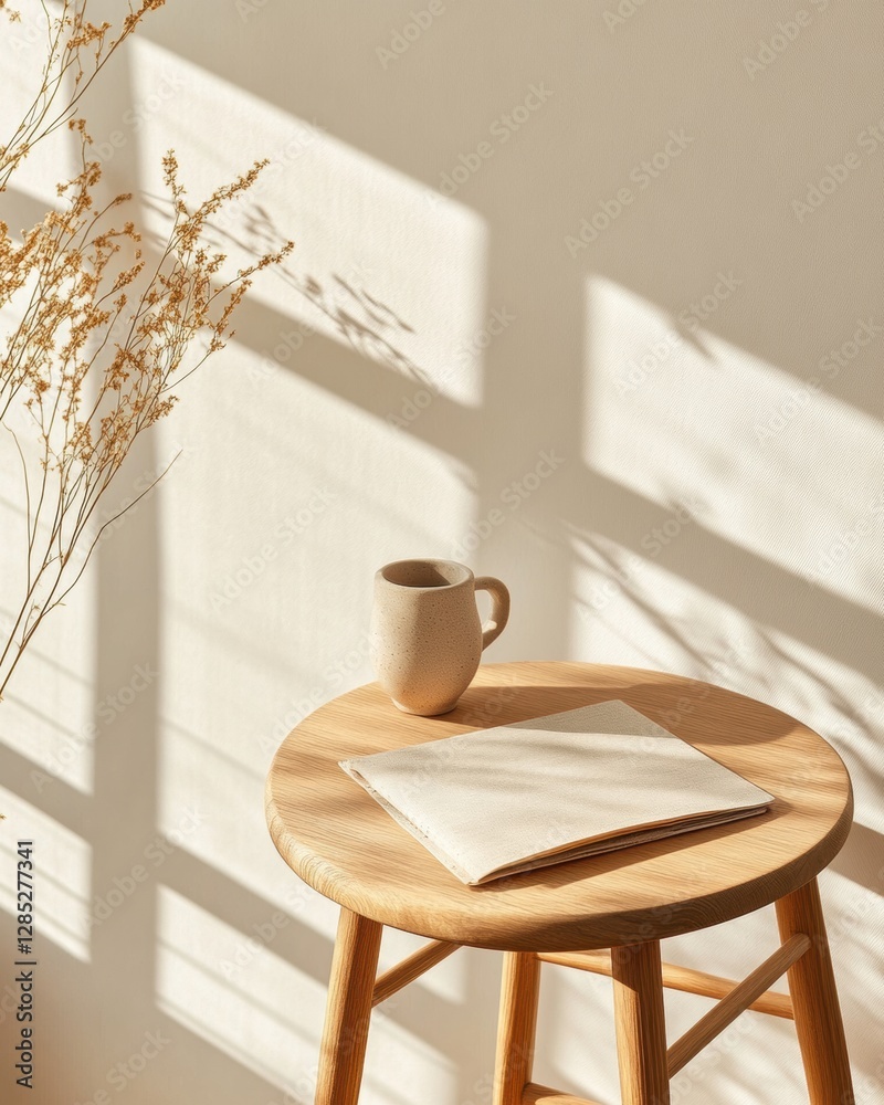 Poster minimalist workspace aesthetic wooden desk with ceramic mug and notepad - promoting calm and product