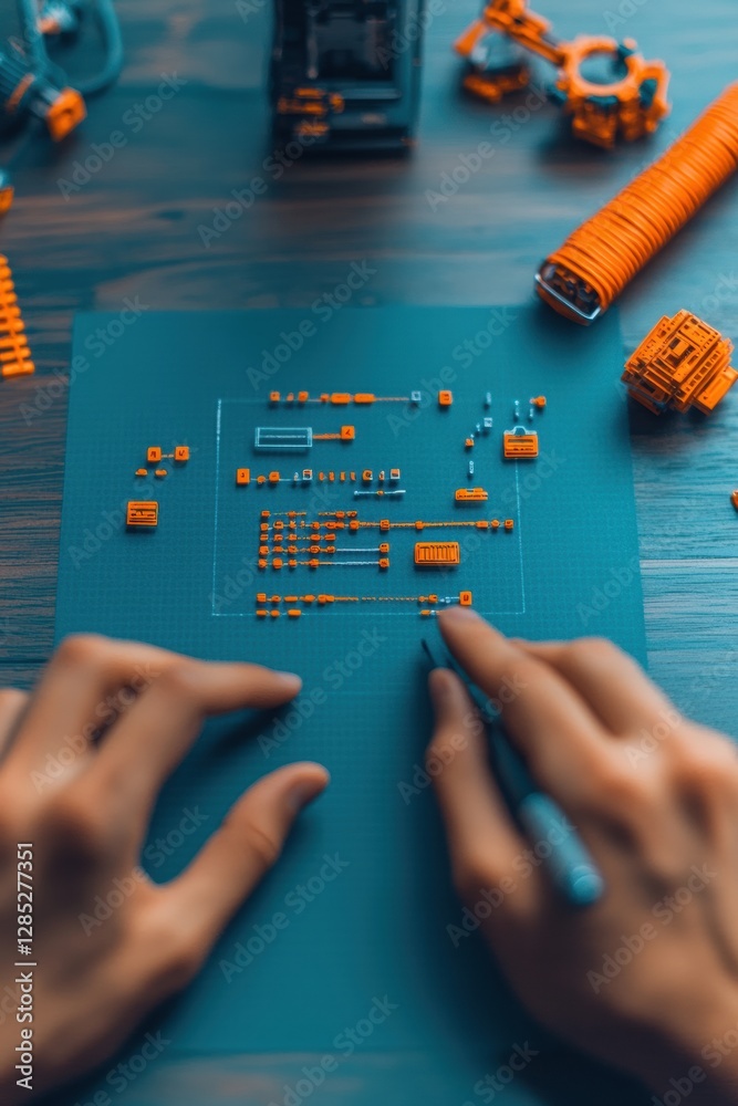 Poster Minimalist Tech Workspace Hands-On Robotics Assembly with Vibrant Components on Wood - Innovative STEM Education for Young Adults in Engineering Industry