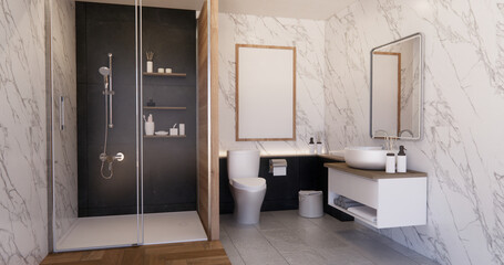 black and white brick scene bathroom with shower and Toilet and decoration on modern toilet room style .3D rendering