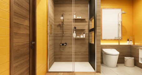yellow color concept bathroom shower and Toilet and decoartion on modern zen toilet room japan style .3D rendering