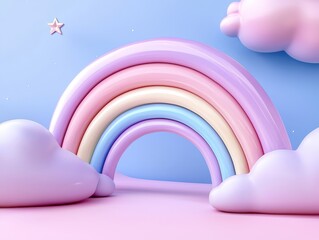 Obraz premium Pastel Rainbow Dreamscape with Clouds and Star on Blue Background a Whimsical Design for Childrens Content