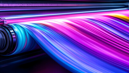 Colorful printing press, vibrant ink flowing, factory background, industrial process illustration