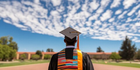 Contemporary Academic Achievement Vibrant Graduation Portrait under Historic Campus Arch - Heritage Textiles, Educational Milestone Celebrating Cultural Identity and Professional Growth