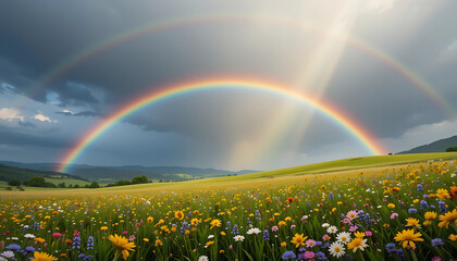 Naklejka premium Behold mesmerizing spectacle of a resplendent rainbow gracefully curving across a plentiful meadow