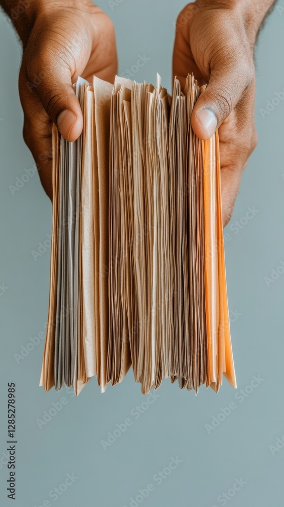 Aufkleber modern office aesthetic diverse hands sorting earth-toned file folders on desk - strategic informati