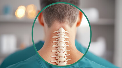 Chiropractic Adjustments for Neck Pain Concept, Chiropractor Explains Neck Alignment Using Magnified Spine Image for Enhanced Understanding of Patient Care