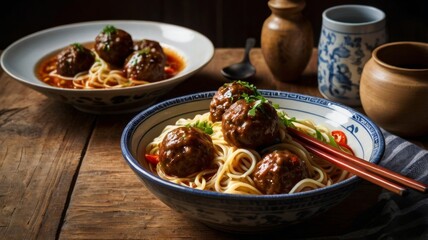 A delicious bowl of noodlei with meatballs, topped with a fried egg, garnished with herbs, and surrounded by sauces and condiments, generate AI
