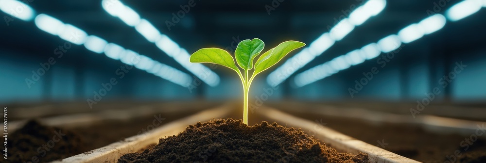 Poster biophilic green tech visualization glowing seedling in soil with circuit symbols - sustainable innov