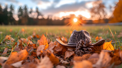 Obraz premium Cowboy hat autumn sunset field leaves