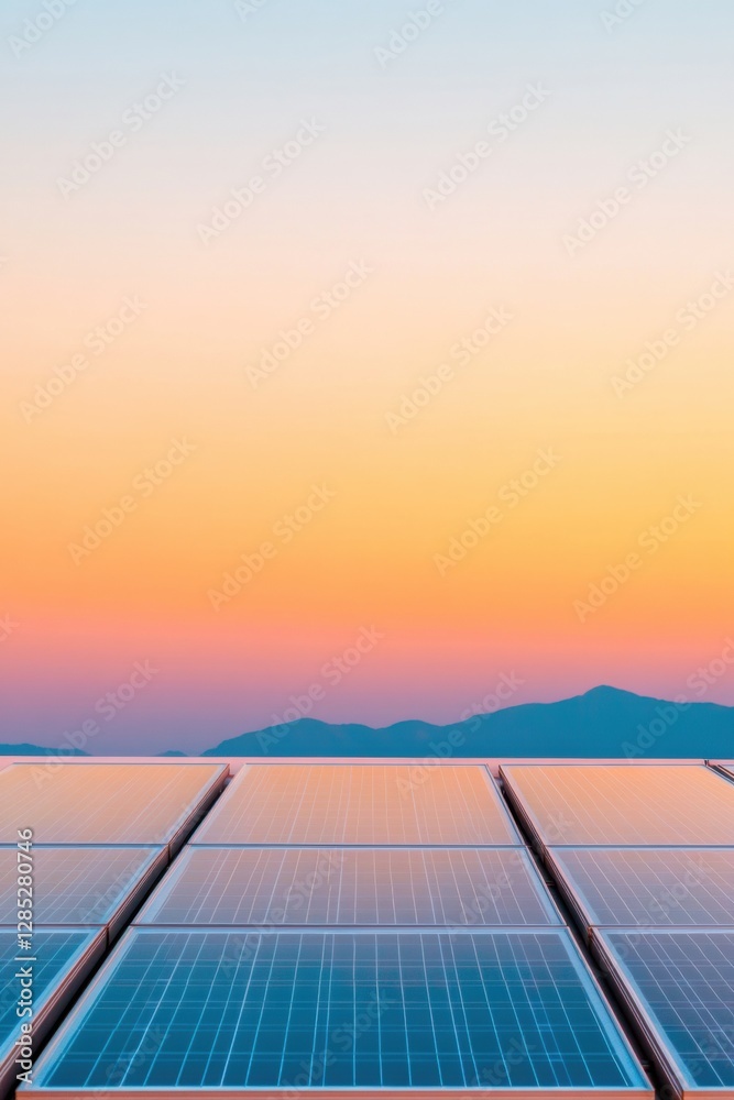 Aufkleber sunset-fused solar array aesthetic sustainable solar panels on residential rooftop - visual content 
