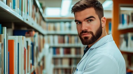Young male researcher explores academic resources in a university library pursuing knowledge and higher education.