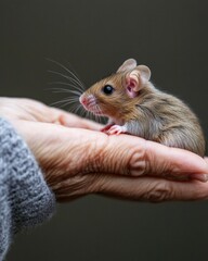 Golden Hour Pet Rat Therapy Elderly Woman with Soft Wrinkled Hands Holding Rodent Emotional Wellness and Lifestyle Content for Senior Companionship