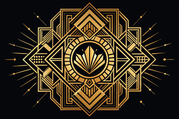 Vector Art Deco Ornament, Gatsby Geometric Design, Luxury Gold Texture, Nouveau Premium Vintage Template.
