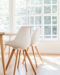 Scandinavian Minimalist Office Furniture White Contemporary Chairs with Wooden Legs in Sunlit Glass-Walled Meeting Room - Modern Design for Collaborative Workspaces