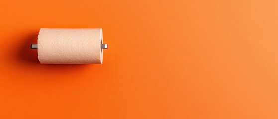 Obraz premium Minimalist Home Essentials Display Textured Toilet Paper on Metal Holder Against Bold Orange - Everyday Content for Household Supplies Advertising and Creative Marketing Engagement