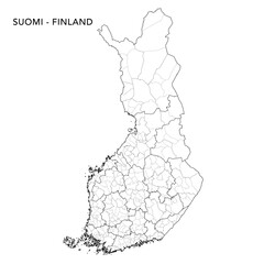 Geopolitical Vector Map of Finland (Suomi) with Municipalities (Kunnat - Kommuner), Subregions (Seutukunnat - Ekonomiska Regioner), and Regions (Maakunnat - Landskap) Administrative Subdivisions 2025