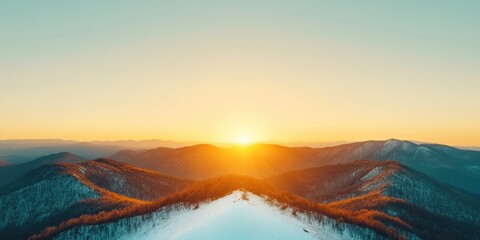 Contemporary Scenic Art Sunset Over Mountain Valley with Snow-Layered Ridges - Natures Majesty for Premium Travel Campaigns and Eco-Friendly Tourism Promotions