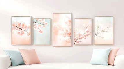 Artistic wall collage showcasing soft pastel tones, blending personal photos and art prints for vibrant self-expression in a living space