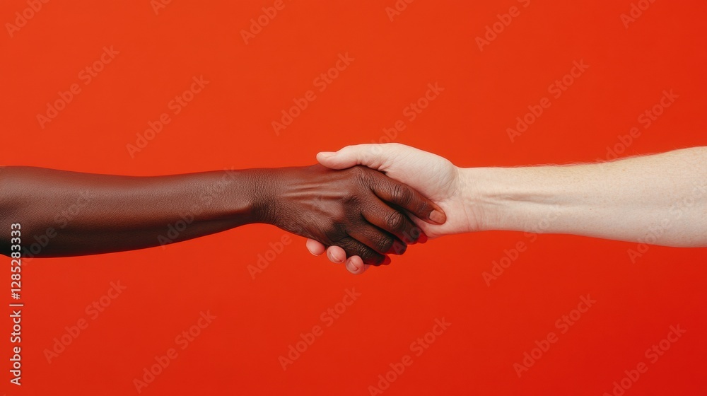 Poster Vibrant Connection Diverse Hands in Unity Against Bold Red Backdrop - Inclusive Healthcare Design and Cultural Appreciation in Modern Care Settings