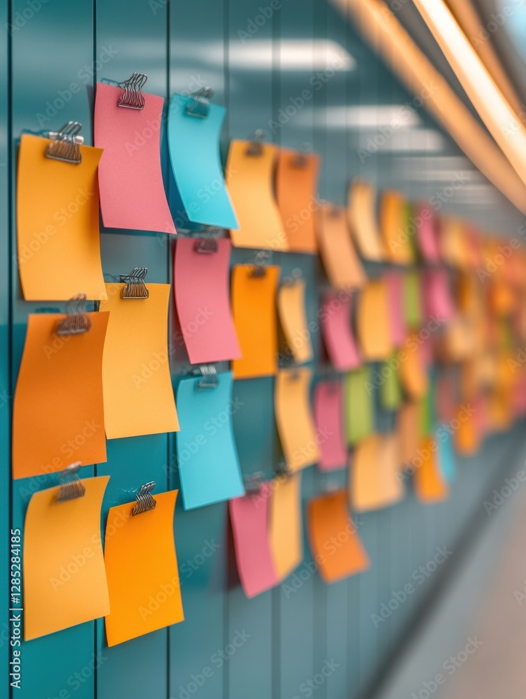Leinwandbilder Vibrant Gradient Workspace Sticky Note Wall with Coordinated Layout and Tools - Office Creativity and Agile Project Planning for Collaborative Efficiency