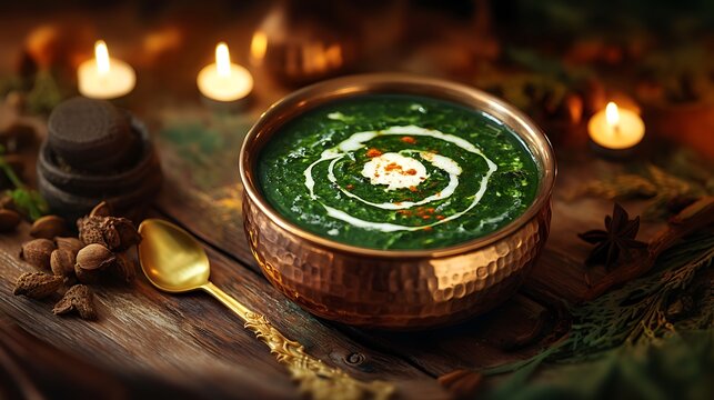 Close-up of a creamy, buttery saag dish in an elegant copper bowl with melted butter swirls, surrounded by Indian spices on a warm wooden table

