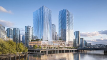 Obraz premium Modern Urban Architecture Reflecting on Water with Skyscrapers and Greenery in City Landscape