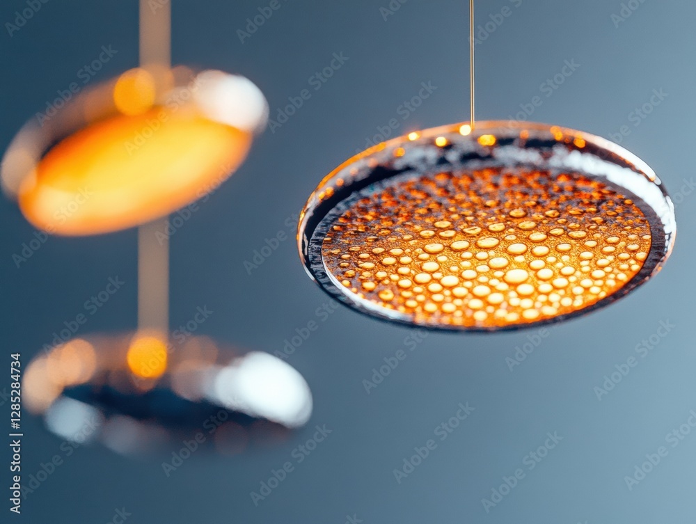 Aufkleber futuristic coin sculpture illuminated metallic discs with braille texture in dim space - modern digi