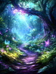 Enchanted forest path, glowing flora, fantasy background, mystical wallpaper