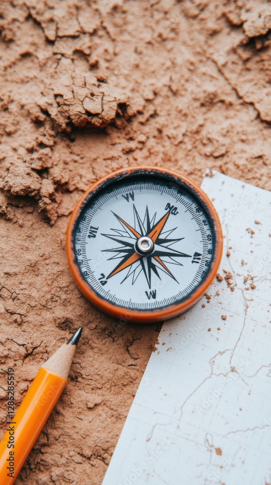 Poster vintage aesthetic compass on textured clay surface with map adventurous travel content for cultural 
