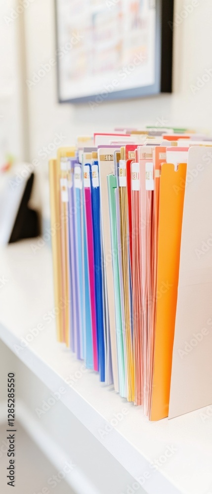 Poster efficient healthcare workspace modern medical file organization with color-coded folders on sleek wh