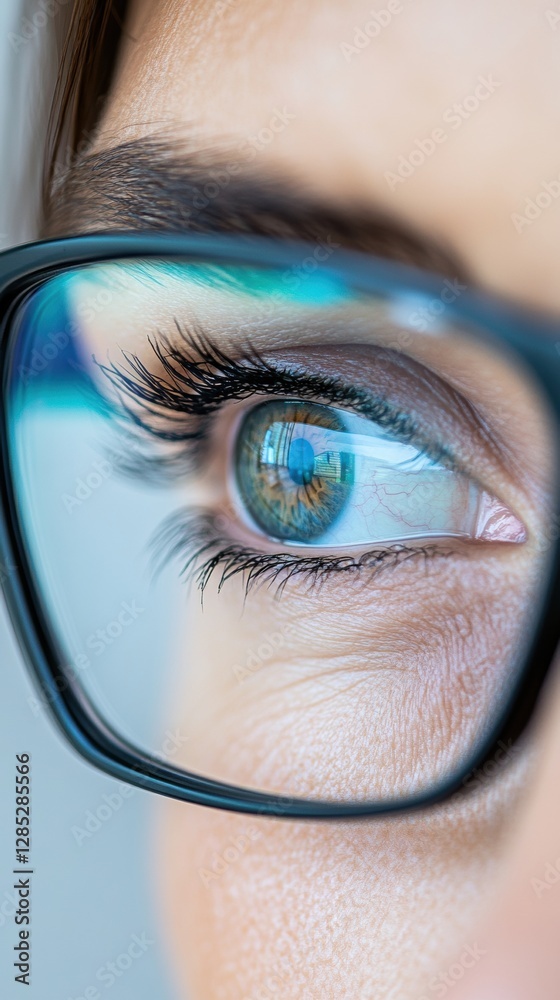 Poster precision healthcare focus macro close-up of female administrators eye with modern glasses in a prof
