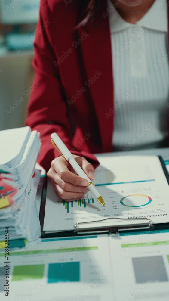 Poster professional businesswoman reviewing financial data, studying pie chart and bar graph on clipboard n