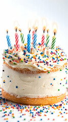 Festive birthday cake with lit candles, sprinkles, white background