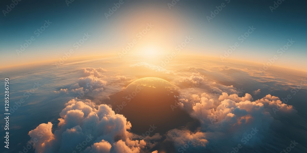 Poster golden hour aerial earth serene cloudscape with atmospheric glow and starry background - premium sci