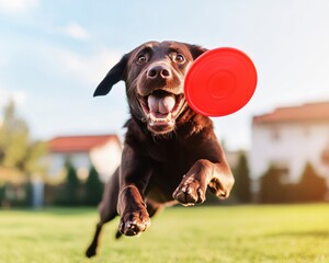 Dynamic Canine Athletics Action Snapshot of Dog Leaping for on Lush Lawn - Pet Fitness Promotion and Active Lifestyle Visual for Residential Backyard Marketing