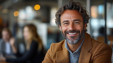 Fototapeta premium A happy man in a dynamic office space, smiling confidently at the camera with collaborating coworkers in the background.